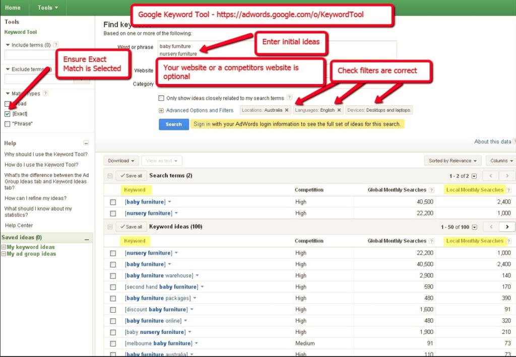 Interface of Google Keyword Planner showing how to perform keyword research